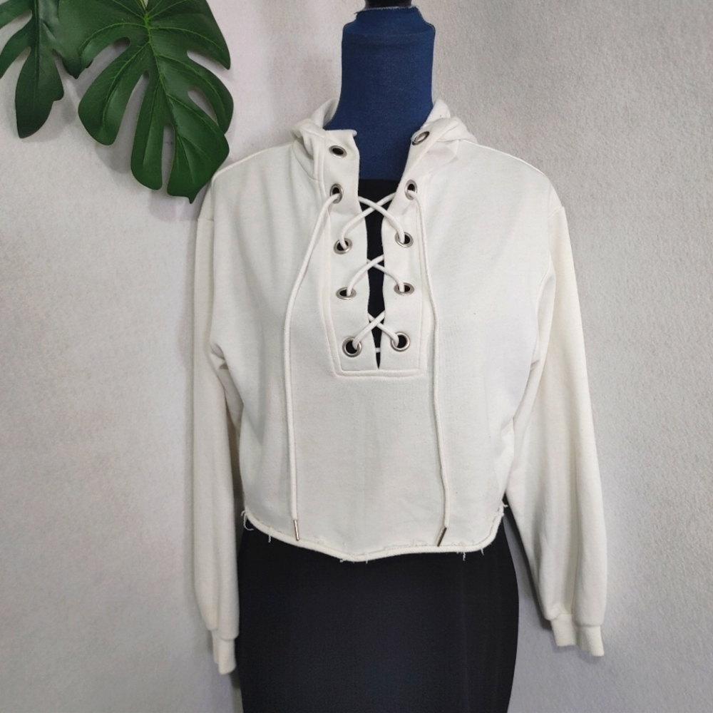 38 Point 5 White Laced Up Crop Top Hoodie
